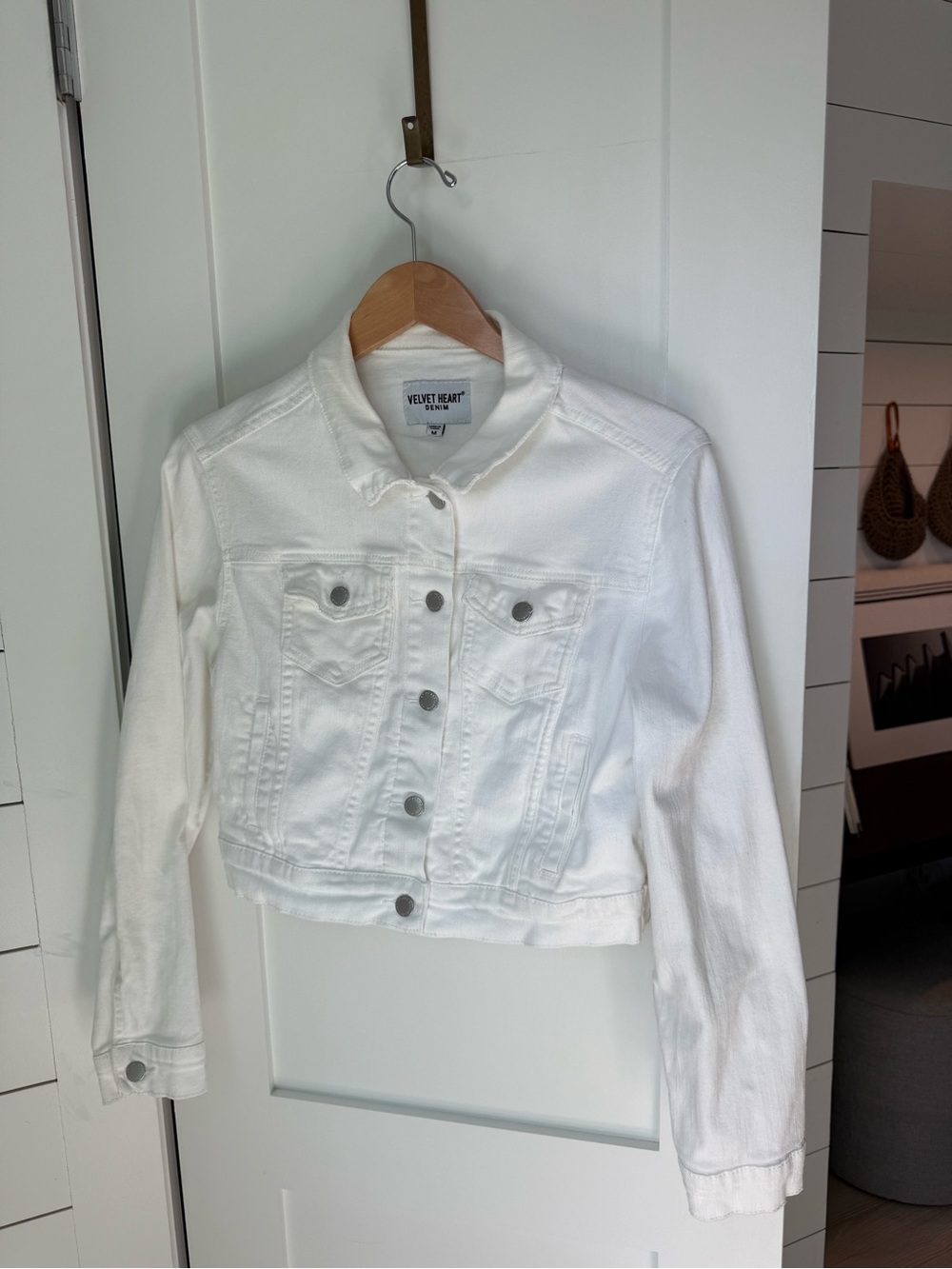 Velvet Heart White Frayed Trim Cropped Denim Jacket